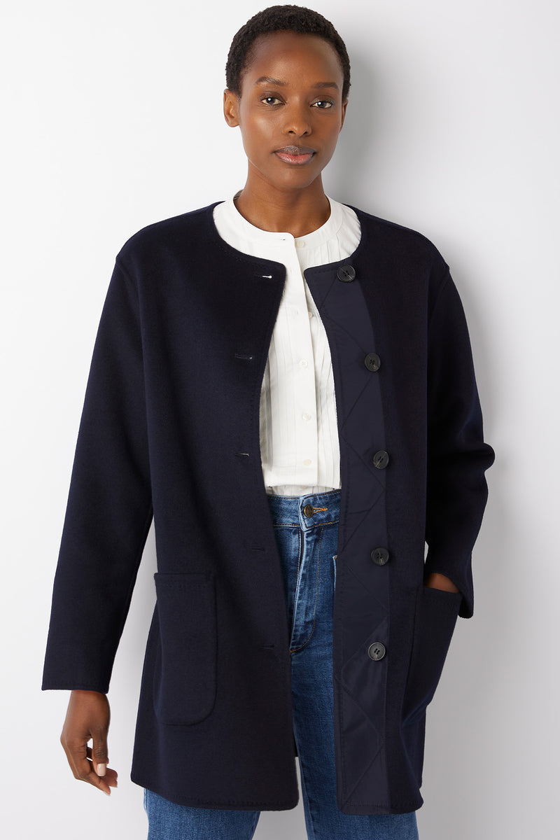 Corine Collarless Double Faced Wool Blend Coat - Navy