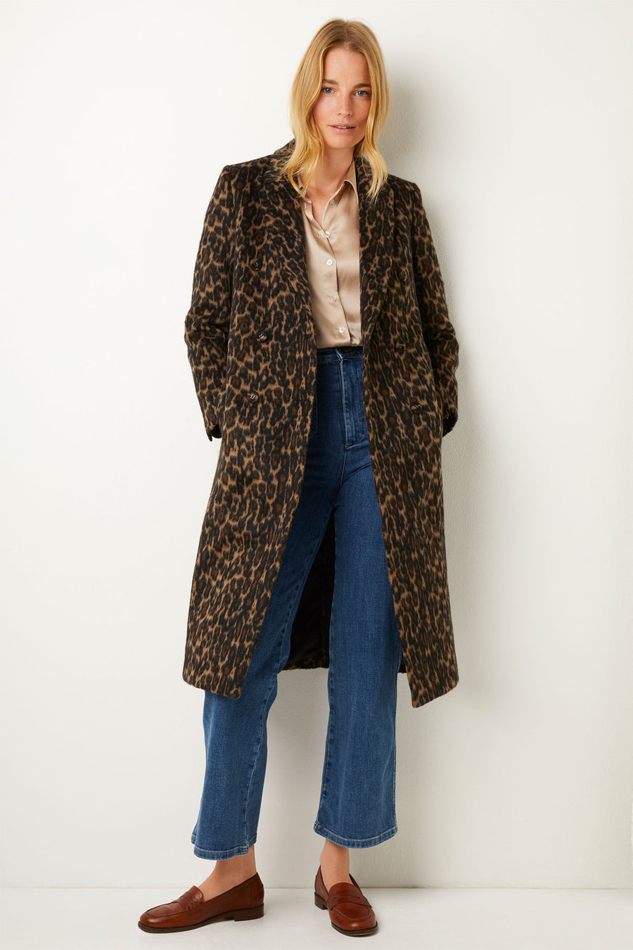 Della Leopard Double Breasted Coat - Brown