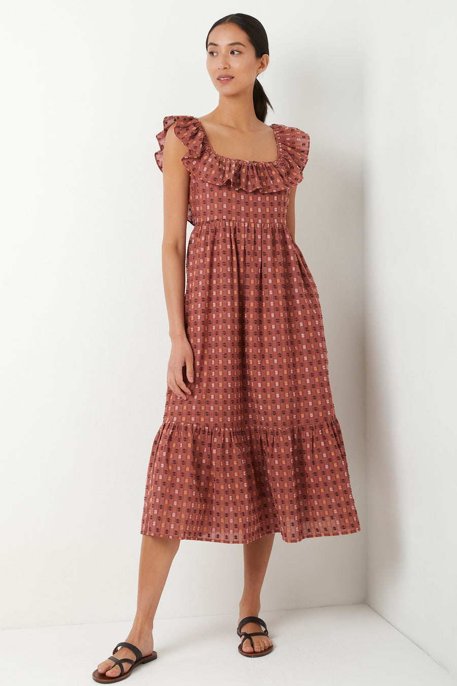 Diann Dobby Ruffle Neck Dress - Brown Multi