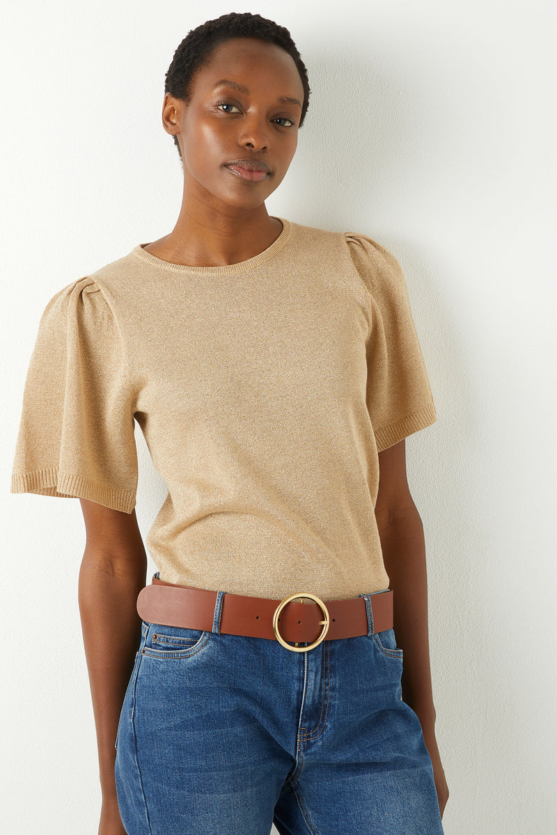 Leah Metallic Knitted Tee - Soft Gold