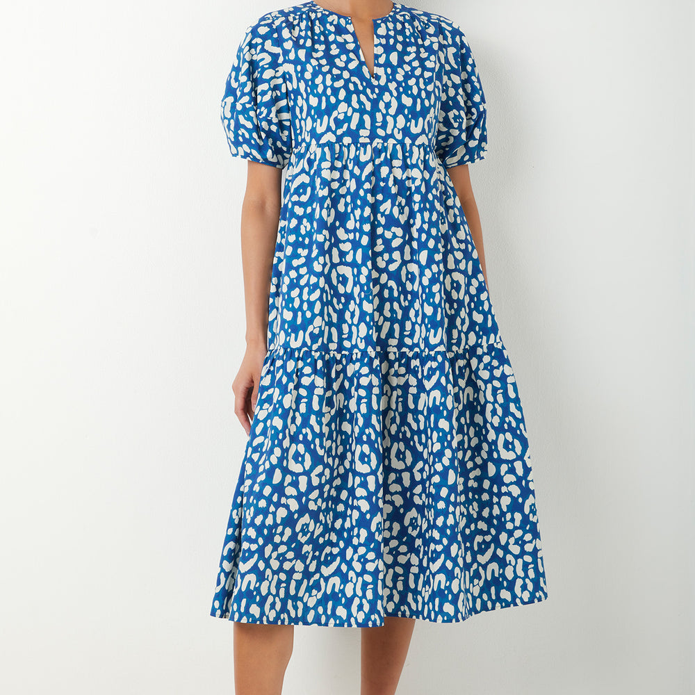 Serena Leopard Print Cotton Poplin Dress - Blue Multi - Regular