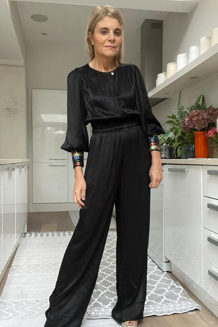 Sherise Sequin Cuff Jumpsuit - Black - Longer Length