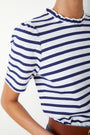 Tara Stripe Ruffle Neck Short Sleeve Tee - Ivory/Navy