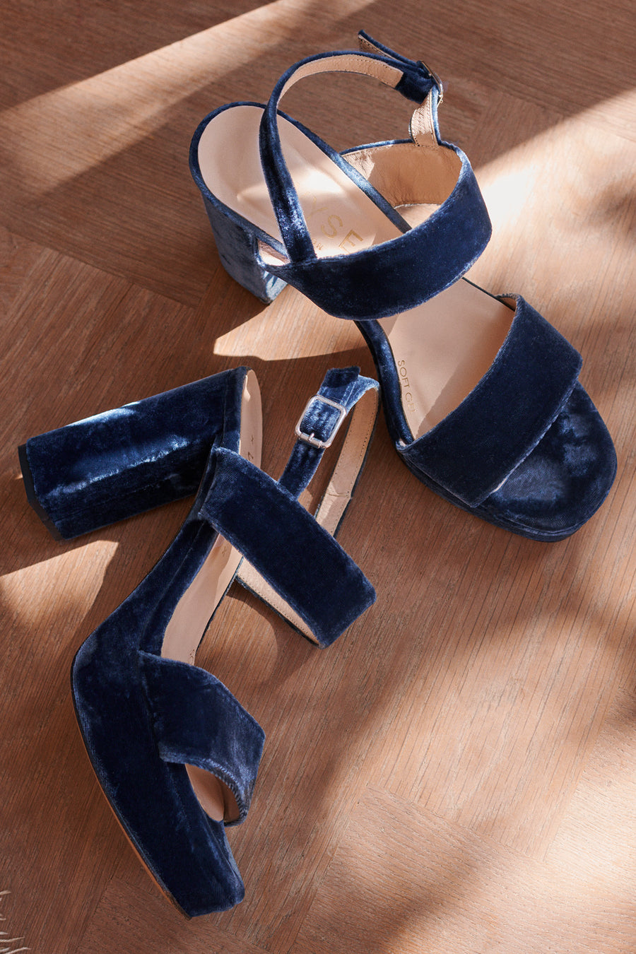 Violet Velvet Block High Heel Sandal Blue – WYSE London