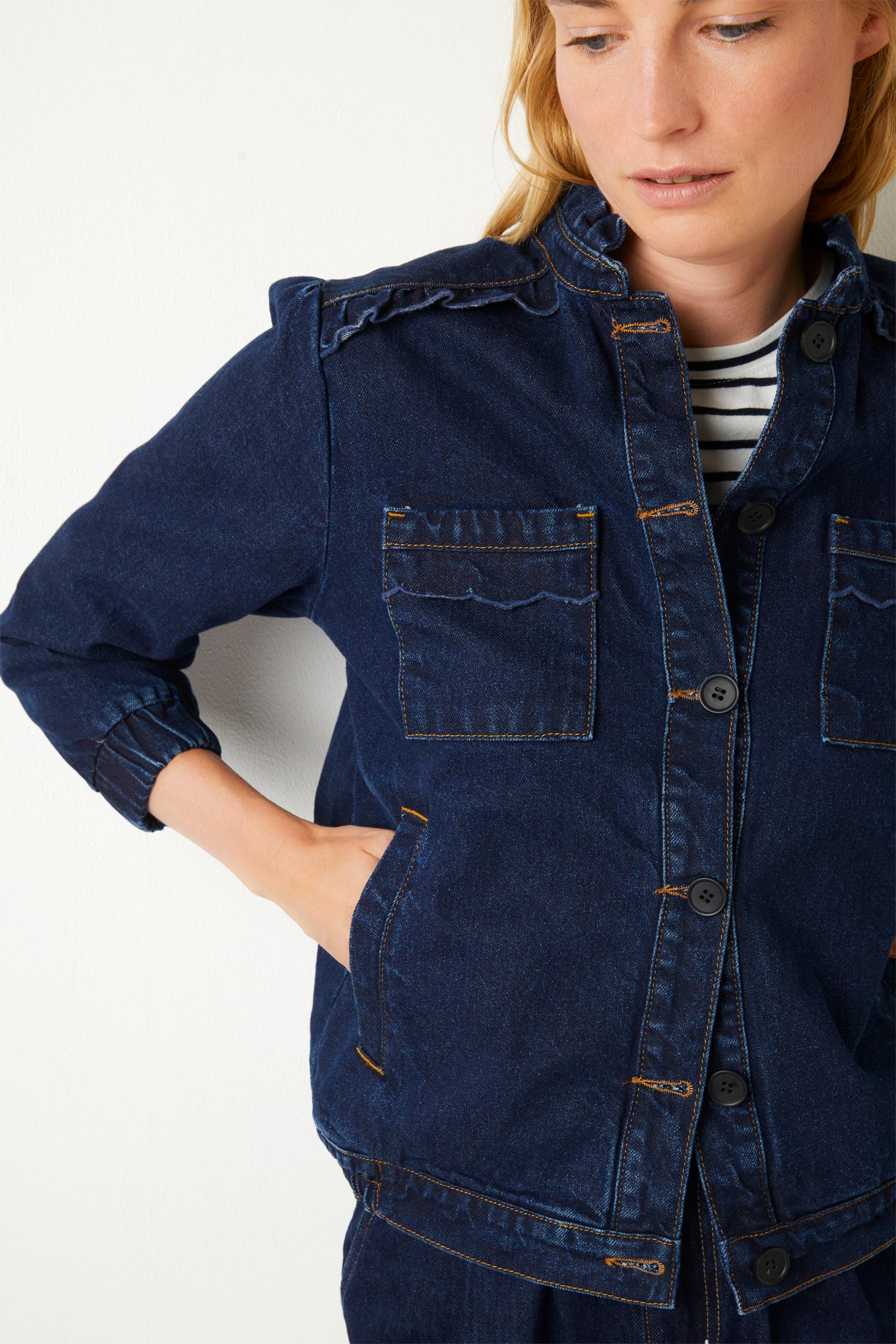 Zoe Scallop Denim Bomber Jacket Rinse Wash WYSE London