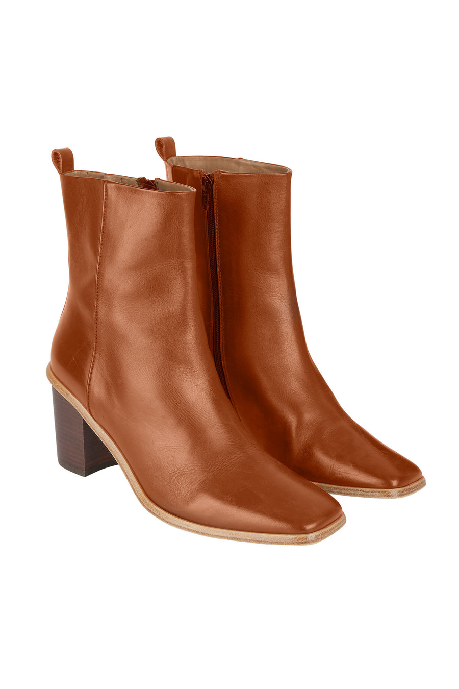 Angela Square Toe Leather Heel Boot - Tan