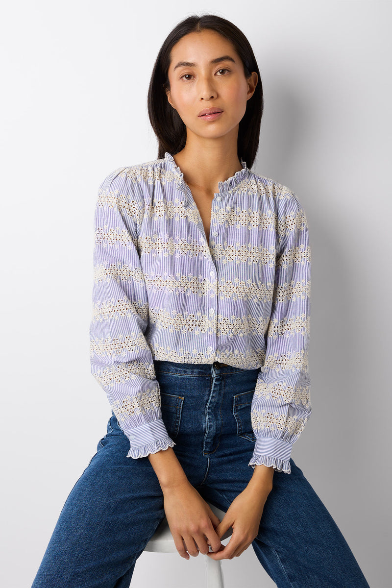 Eliza Embroidered Cotton Blouse - Blue/Ivory