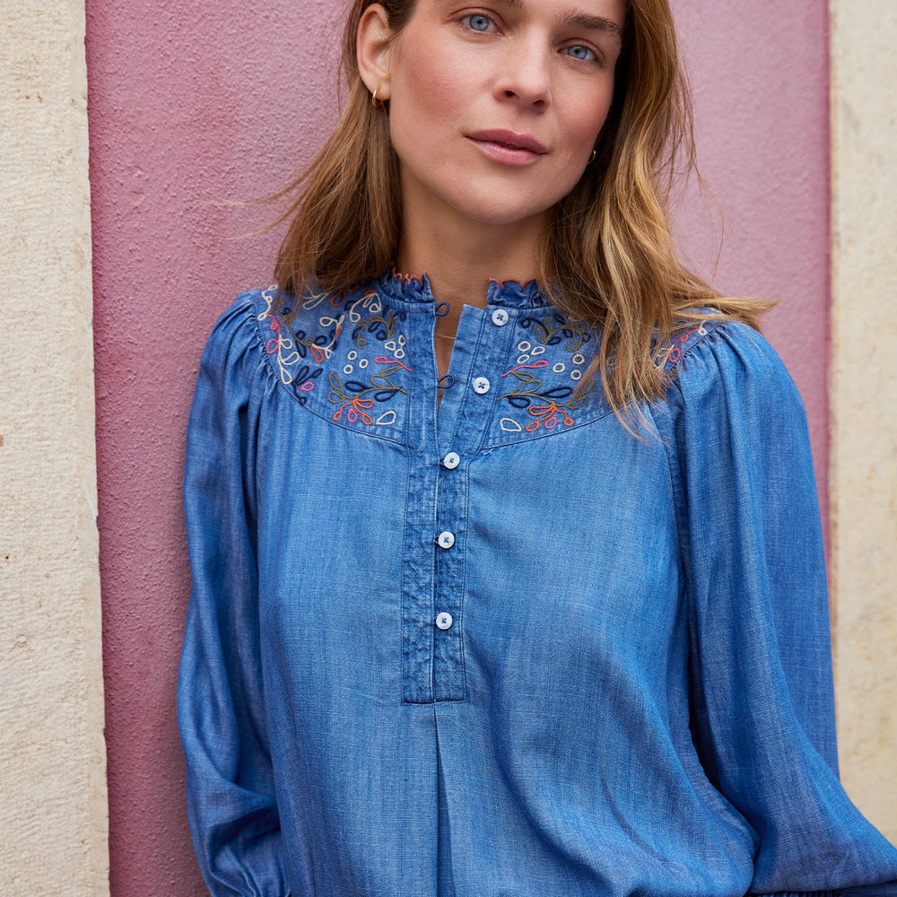 Emily Embroidered Blouse - Chambray