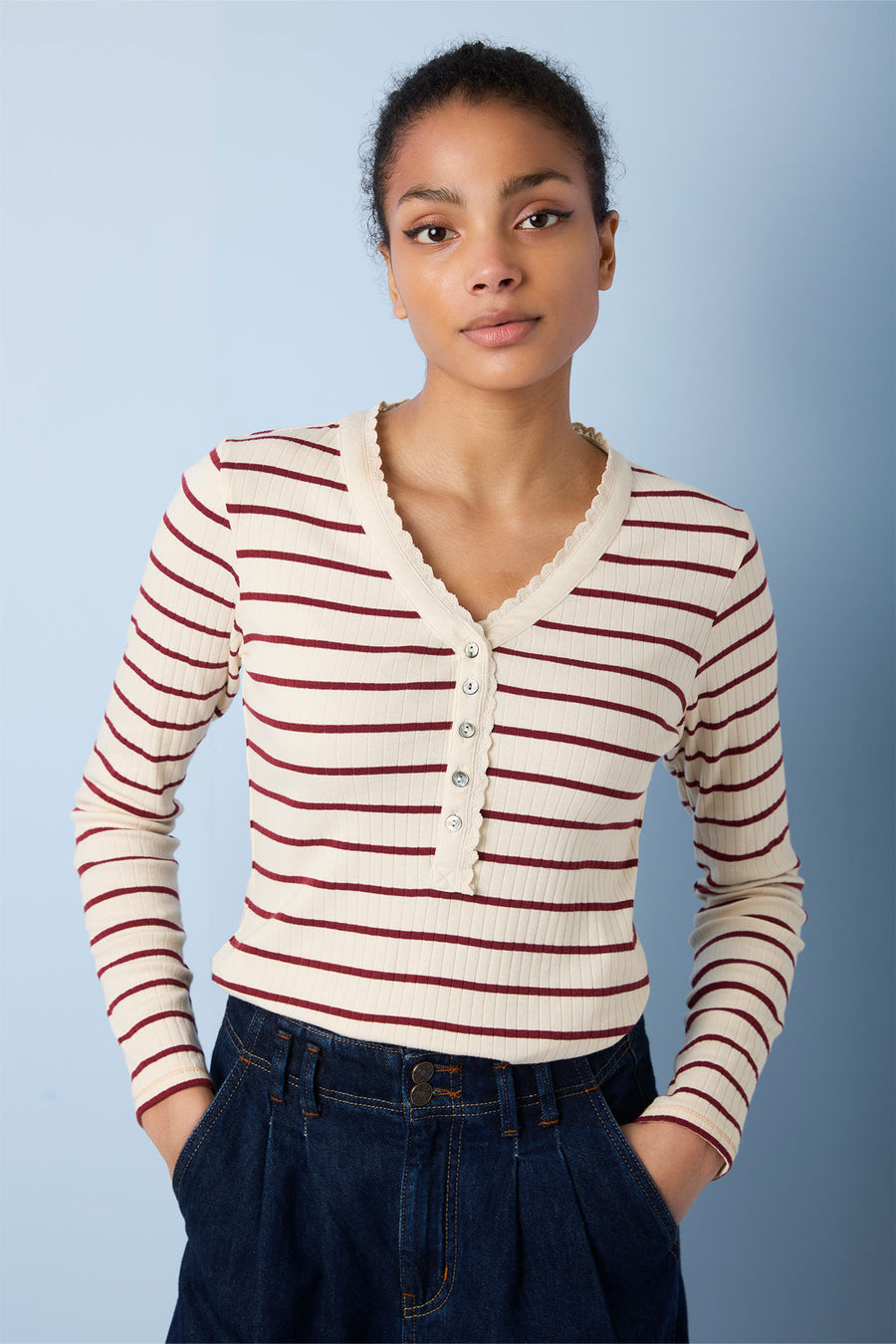 Hannah Henley Stripe Top - Ivory/Red